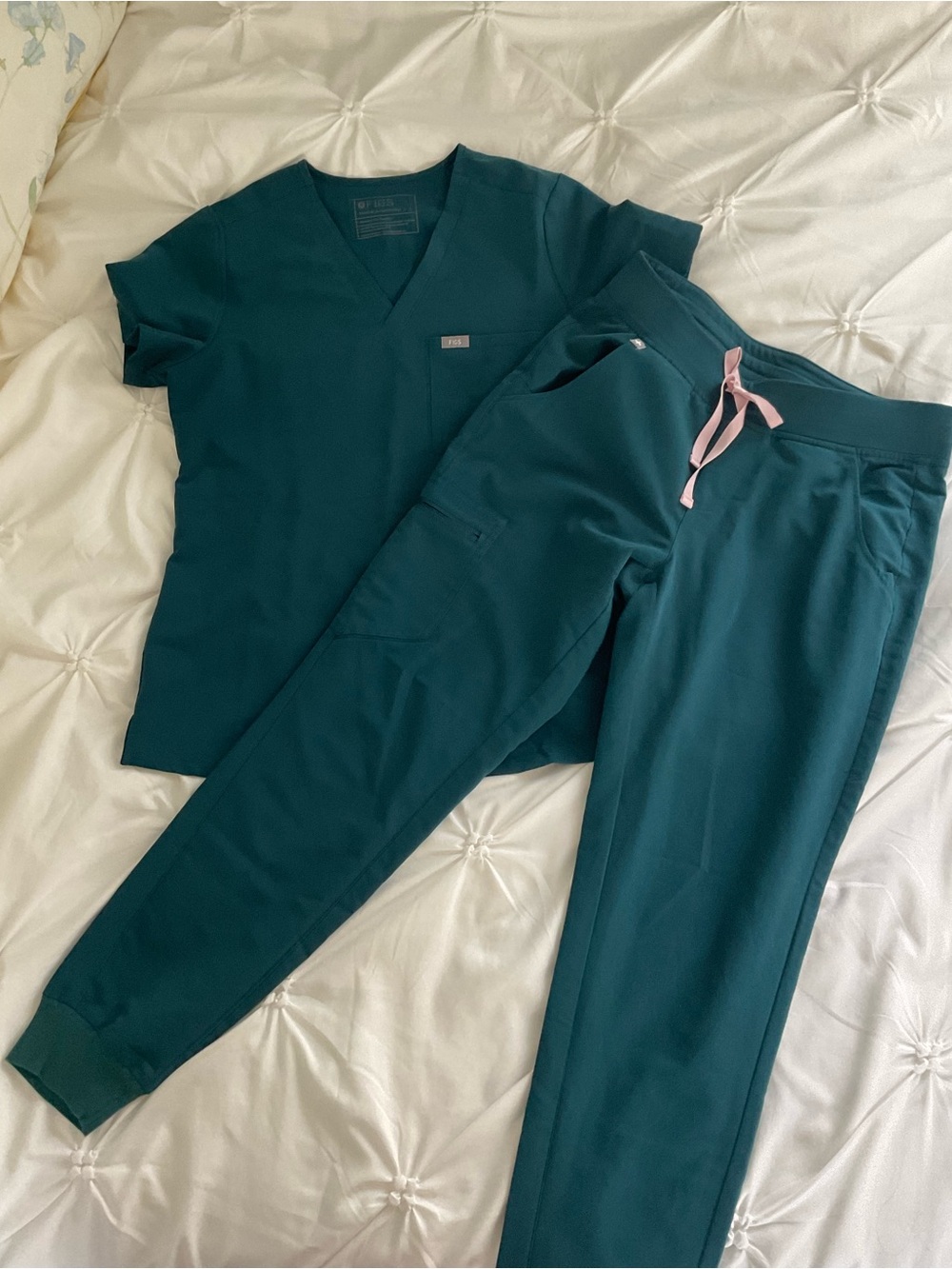 Figs Teal scrubs Drawstring Jogger Pants with Pink Tie and matching top